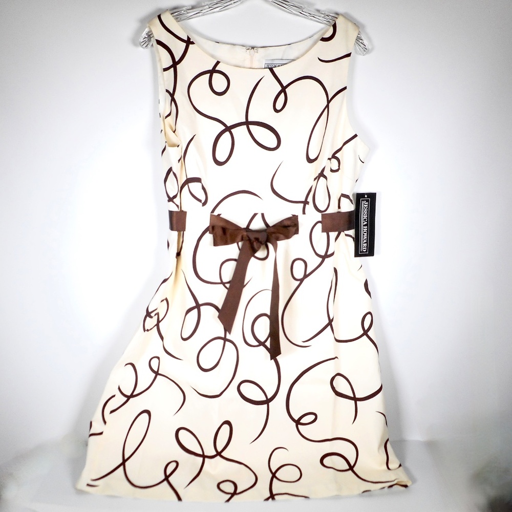 NWT Jessica Howard Ivory Brown Missy 16 Sheath Dress Curve Geometric Sleeveless